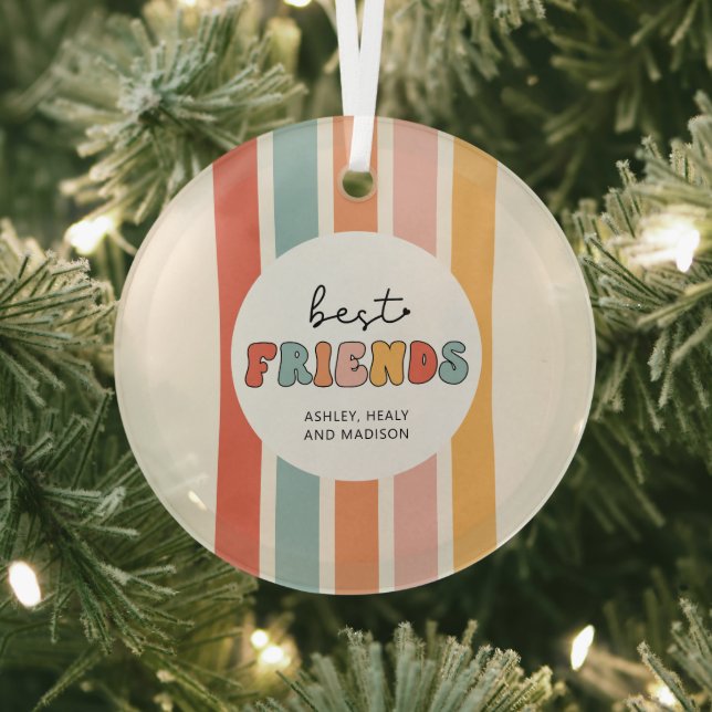 Custom Retro Best Friends BFFs Cute Besties Gifts Glass Tree Decoration (Insitu)