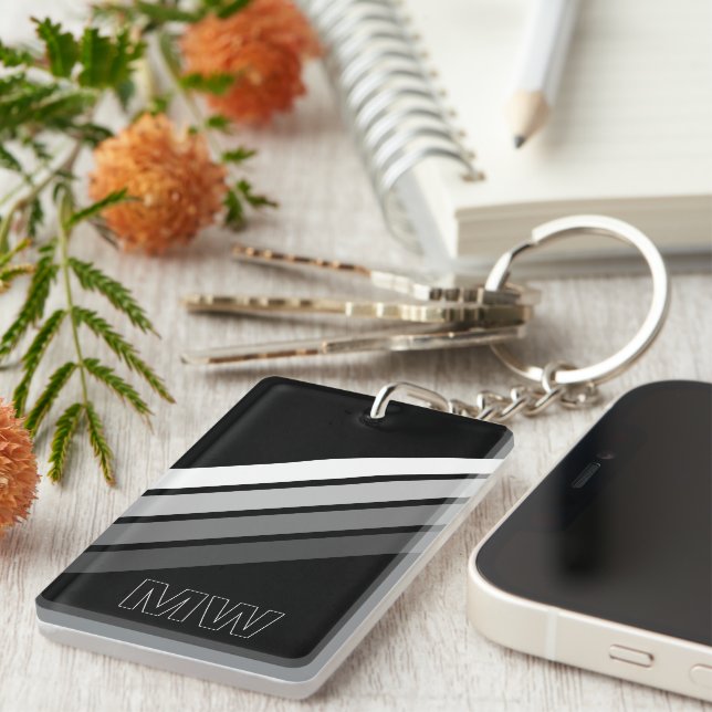 Custom Retro Black Grey White Stripes Art Pattern Key Ring (Front Right)