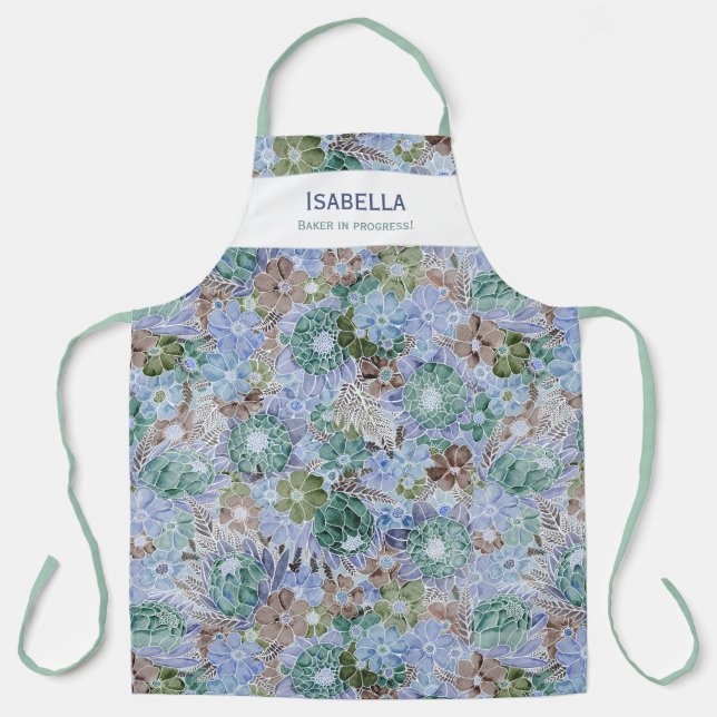 Custom Retro Blue Protea And Daisy Apron (Front)
