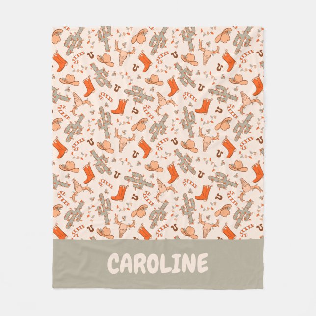 Custom Retro Boho Western Christmas Desert Cactus Fleece Blanket (Front)