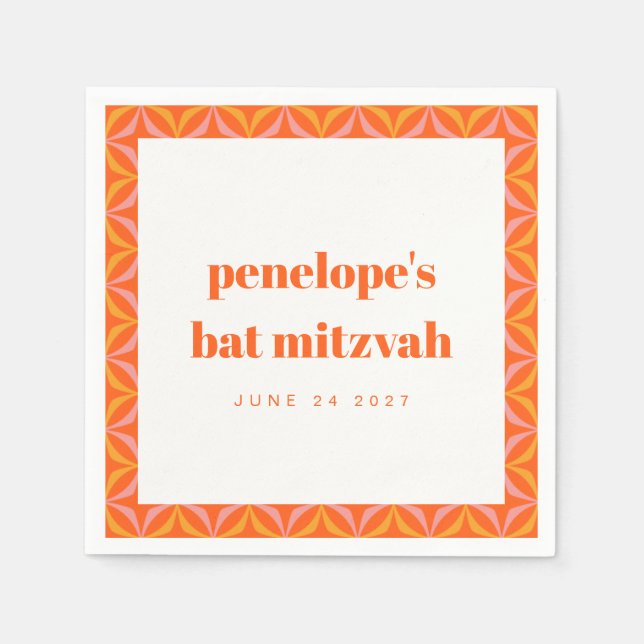 Custom Retro Bright Orange Border Bat Mitzvah Napkin (Front)