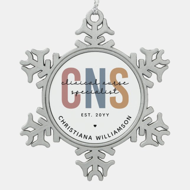 Custom Retro CNS Clinical Nurse Specialist Snowflake Pewter Christmas Ornament (Front)