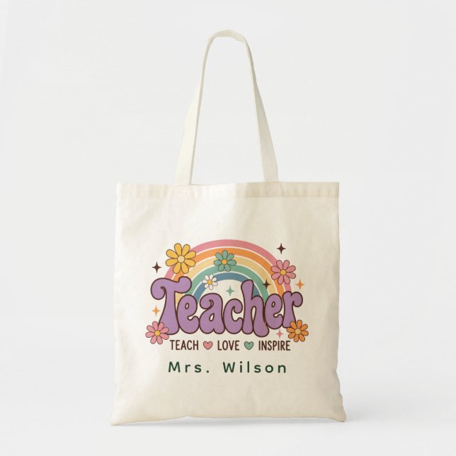Custom Retro Daisy Teacher Rainbow Name Teacher Tote Bag (Front)