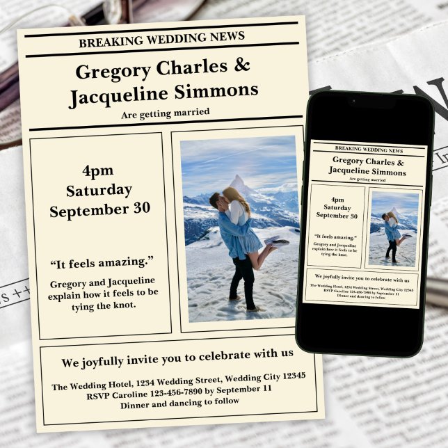 Custom Retro Elegant Newspaper Photo Quote Wedding Invitation (Creator Uploaded)