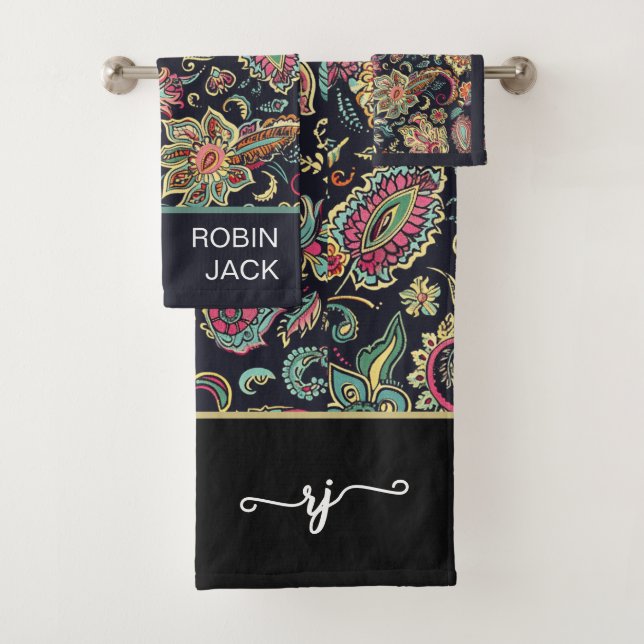 Custom Retro Floral Black Paisley  Bath Towel Set (Insitu)