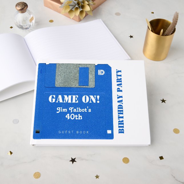 Custom Retro Game Birthday Floppy Disc 3.5 HCGB Guest Book (Front Open)