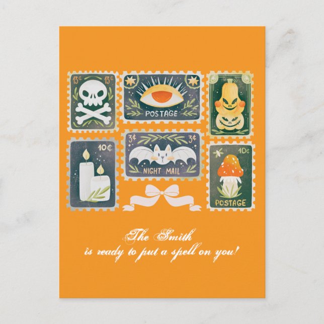 Custom Retro Halloween Spooky Season Pumpkin Stamp Postcard (Front)