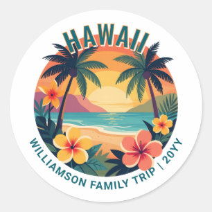 Custom Retro Hawaii Tropical Vacation Family Trip Classic Round Sticker