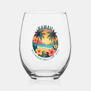 Custom Retro Hawaii Tropical Vacation Family Trip Stemless Wine Glass