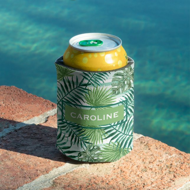 Custom Retro Hip Tropical Green Palm Leafs Pattern Can Cooler (In Situ Pool)