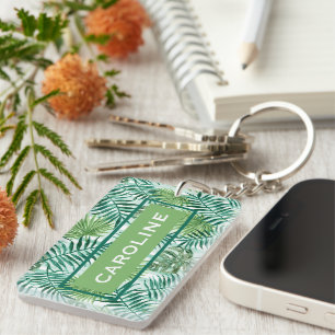 Custom Retro Hip Tropical Green Palm Leafs Pattern Key Ring