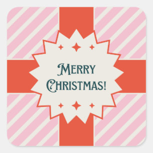 Custom Retro "Merry Christmas" Pink Candy Striped Square Sticker