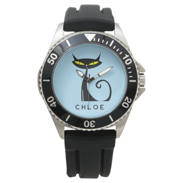Custom Retro Mid Century Modern Atomic Black Cat Watch (Front)