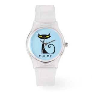 Custom Retro Mid Century Modern Atomic Black Cat Watch