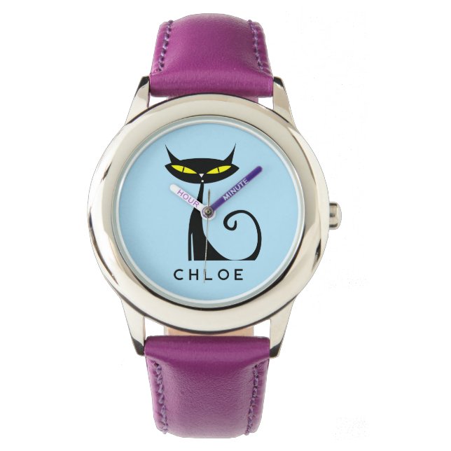 Custom Retro Mid Century Modern Atomic Black Cat Watch (Front)
