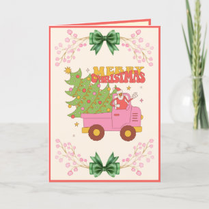 Custom Retro Modern Fun Pink Truck Christmas Holiday Card