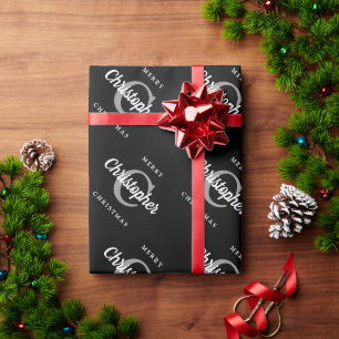 Custom Retro Monogram Black and White Christmas Wrapping Paper