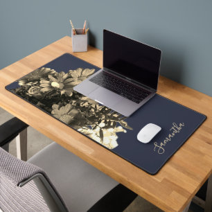 Custom Retro Navy Blue Gold Floral Botanical Chic Desk Mat