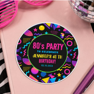 Custom Retro Neon 80’s Birthday – Fun Adult  Classic Round Sticker