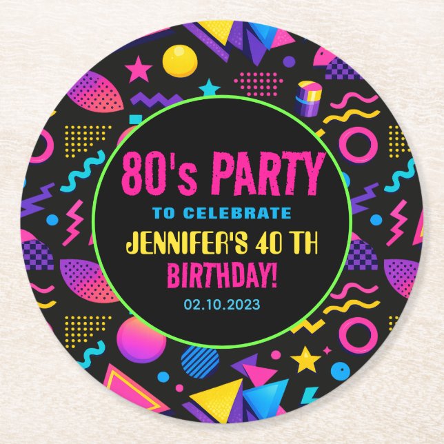 Custom Retro Neon 80’s Birthday – Fun Adult  Round Paper Coaster (Front)