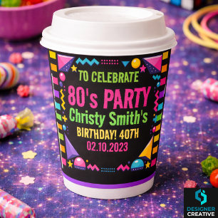Custom Retro Neon 80’s Birthday Party Paper Cups