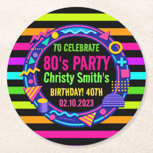 Custom Retro Neon 80’s Birthday Party Round Paper Coaster
