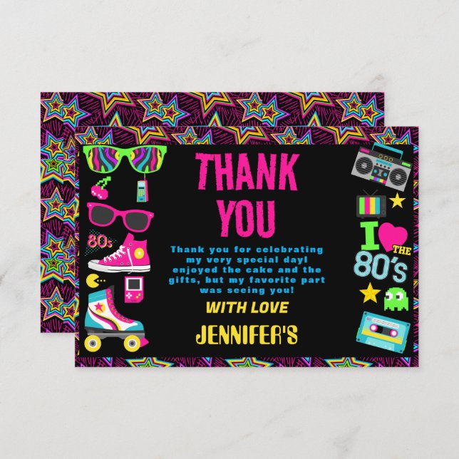 Custom Retro Neon 80's Birthday Party Thank You Card (Front/Back)