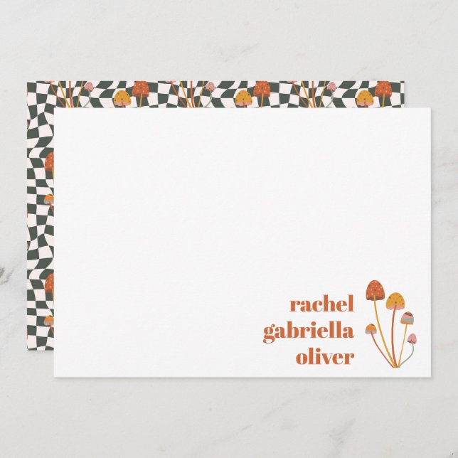 Custom Retro Orange Mushroom Chequerboard Mitzvah Thank You Card (Front/Back)