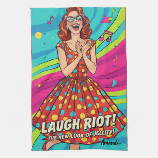 Custom retro painting laughing lady Jolly Red Tea Towel