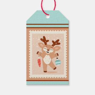 Custom Retro Paper Stamp Dancing Reindeer Gift Tags