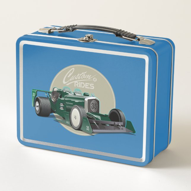 Custom retro race car concept metal lunch box (Front)