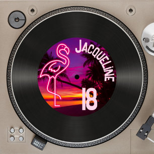 Custom Retro Record Neon Flamingo 18th Birthday Invitation
