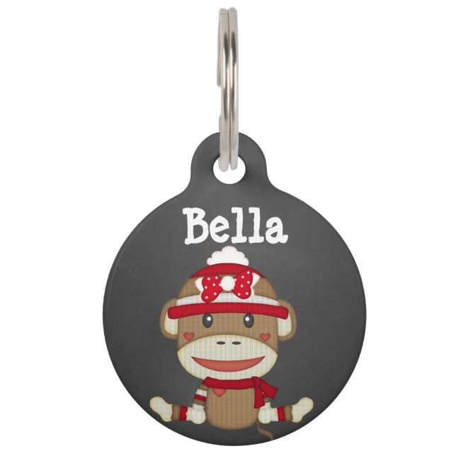 Custom Retro Sock Monkey Dog Pet Tag (Front)