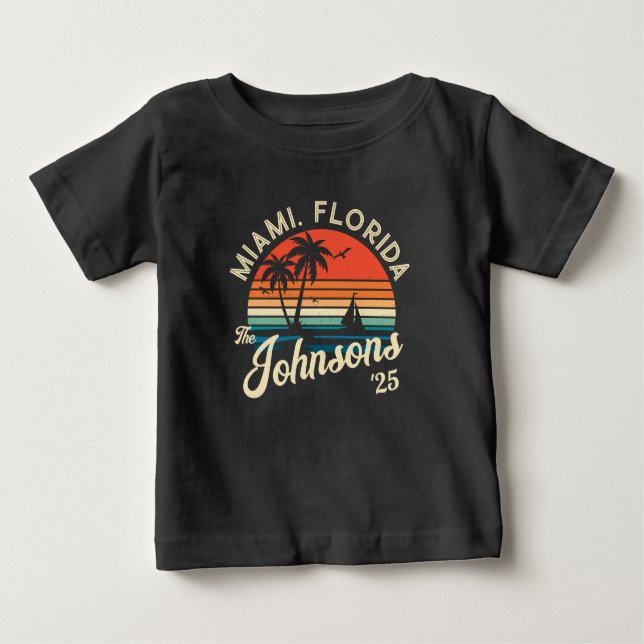 Custom Retro Sunset Family Beach Vacation Matching Baby T-Shirt (Front)