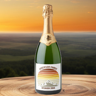 Custom Retro Sunset Mountain Family Reunion Party Sparkling Wine Label