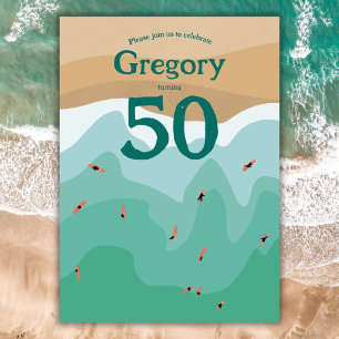 Custom Retro Surfing Ocean 50th birthday Invitation