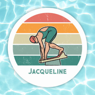 Custom Retro Swimming Race Girl with Sunset Classic Round Sticker