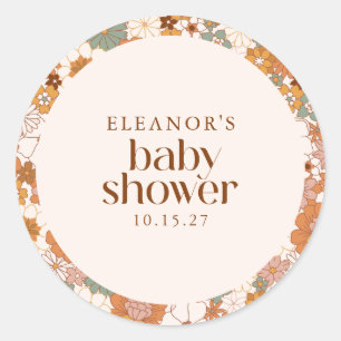 Custom Retro Terracotta Boho Floral Baby Shower Classic Round Sticker