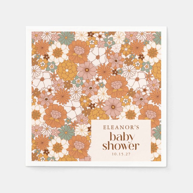 Custom Retro Terracotta Boho Floral Baby Shower Napkin (Front)