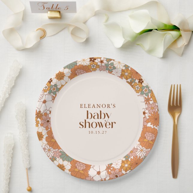 Custom Retro Terracotta Boho Floral Baby Shower Paper Plate (Wedding)