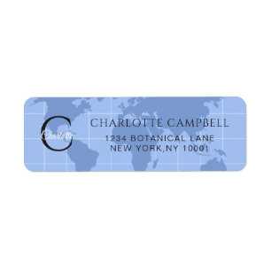 Custom Riviera Blue World Map Monogram Name Mail