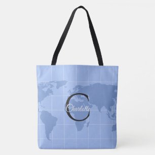 Custom Riviera Blue World Map Monogram Name Tote Bag