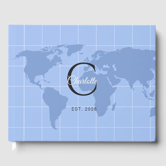 Custom Riviera Blue World Map Monogram Wedding Guest Book (Front)