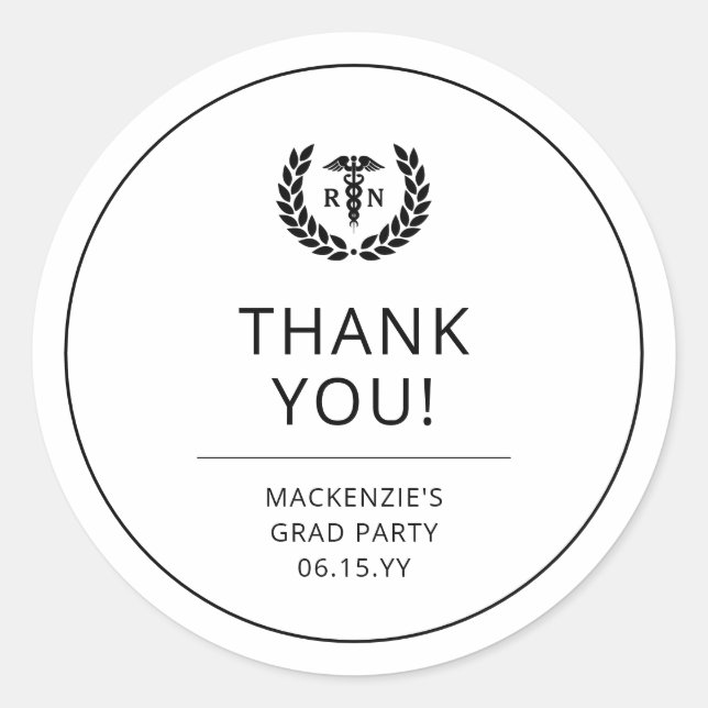 Custom RN Nurse Graduation Party Thank You Classic Round Sticker (Front)