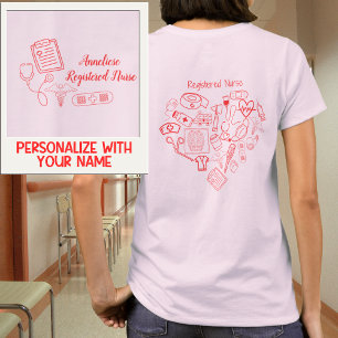 Custom RN Pocket Name & Heart Medical Design T-Shirt