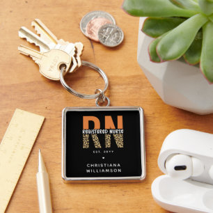 Custom RN Registered Nurse Leopard Typography Key Ring