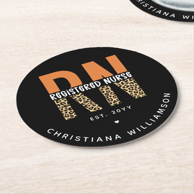 Custom RN Registered Nurse Leopard Typography Round Paper Coaster (Angled)