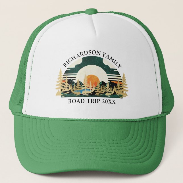 Custom Road Trip Sunset Camping Family Reunion Trucker Hat (Front)