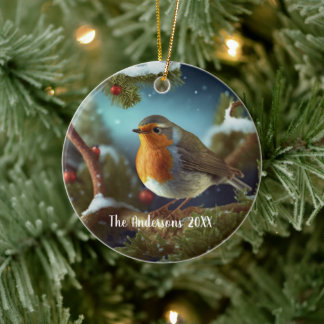 Custom robin over a snow-covered tree ceramic tree decoration