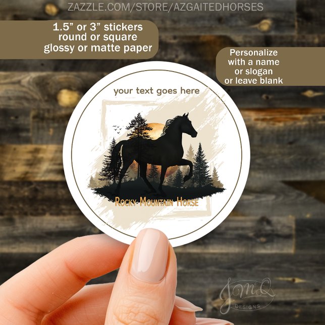 Custom Rocky Mountain Horse Sunset Silhouette Classic Round Sticker (Round sticker featuring a Rocky Mountain Horse silhouette at sunset with editable text area)
